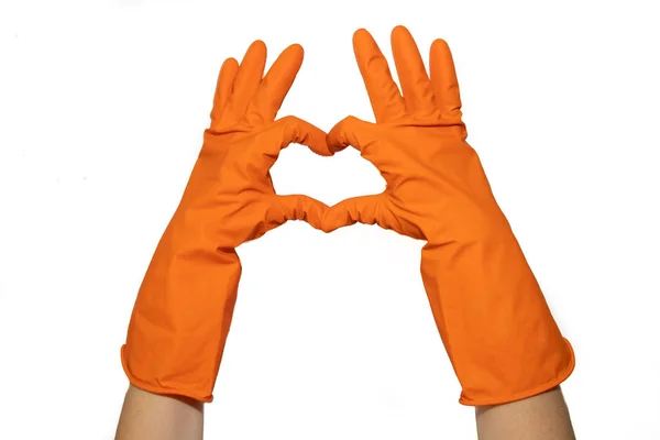 Λαστιχένια Γάντια Καθαρισμού Κάνει Μια Καρδιά Προετοιμασία Για Τον Καθαρισμό — Φωτογραφία Αρχείου