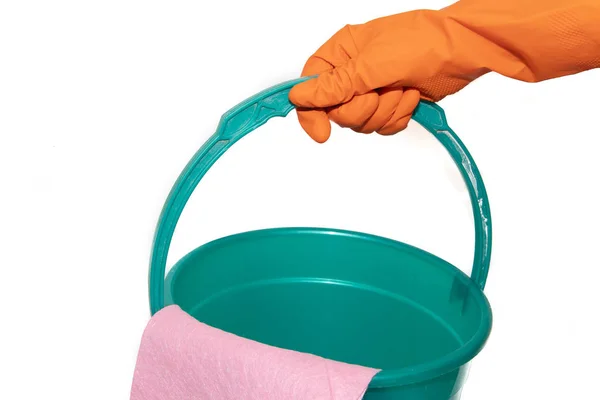 Bucket White Background Glove Hangs Plastic Bucket Plastic Blue Green — Stock Photo, Image