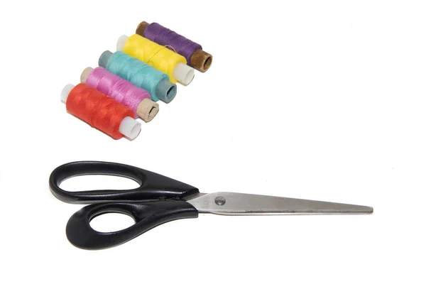Colored Thread Scissors White Background Items Embroidery Handmade — Stock Photo, Image