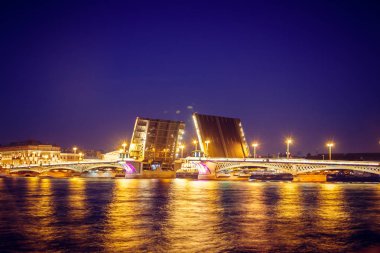 Boşanma köprü St Petersburg. Gece şehir Rusya'nın. Neva Nehri şehir merkezinde.