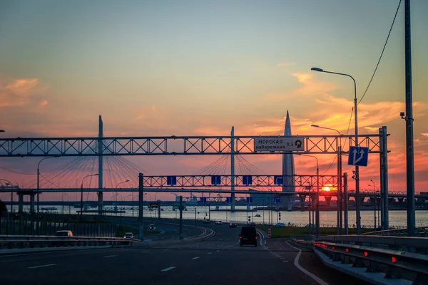 Puente Whsd San Petersburgo Por Noche Atardecer Autopista Peaje Alta —  Fotos de Stock