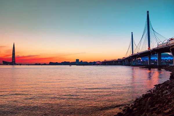 Puente Whsd San Petersburgo Por Noche Atardecer Autopista Peaje Alta — Foto de Stock