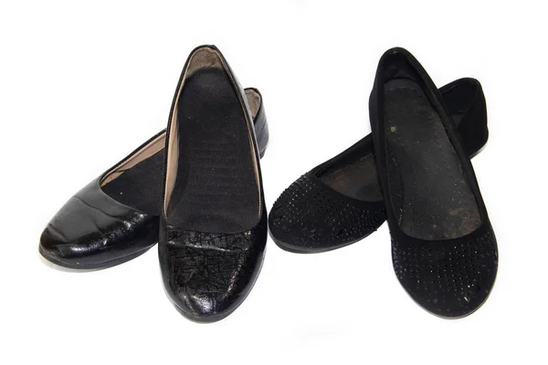 Balé Preto Flats Pernas Femininas Fundo Branco Sapatos Femininos Calçado — Fotografia de Stock