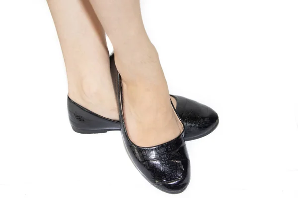 Black Ballet Flats Female Legs White Background Women Shoes Women — Stock Photo, Image