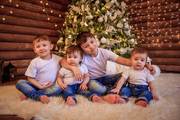 Les Enfants Sont Assis Sous Sapin Noël Frères Sœurs Sont — Photo