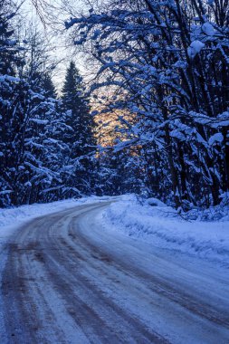 Karlı akşam yol. Kış Masalı yolda. Kışın araba ile seyahat