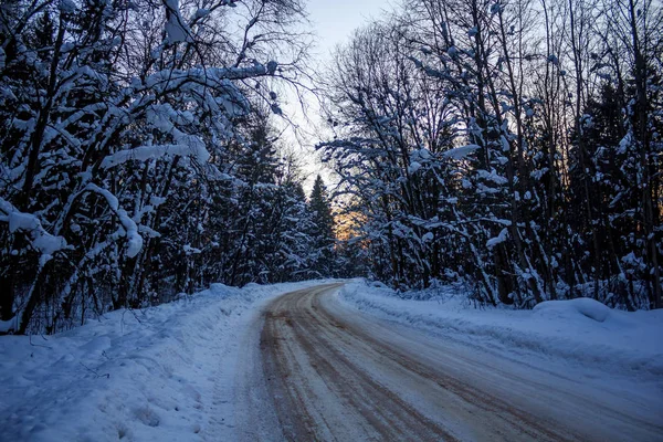 Snowy Evening Road Winter Tale Road Travel Car Winter — Stock Photo, Image
