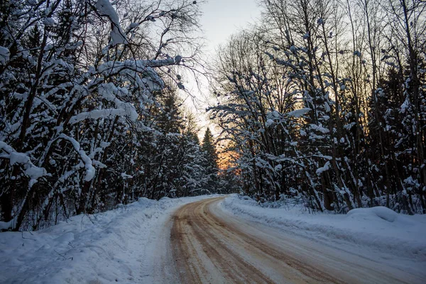 Snowy Evening Road Winter Tale Road Travel Car Winter — Stock Photo, Image