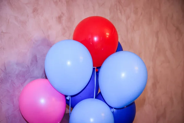 In the cafe balloons. Decoration cafe for a holiday. Festive decoration balls. Blue balloons.