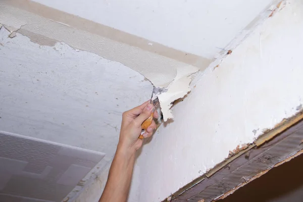 Male hand with a spatula applying putty on wall. Apartment repair