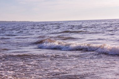 Bay denizin üzerinde yaz günbatımı. Akşam yaz. Deniz on Sunset. Dalgalar ve gökyüzü. Dinlenmek ve seyahat. Relax arka plan