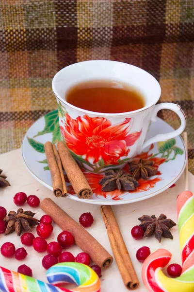 Primer Plano Taza Con Palitos Canela Estrellas Anís Bastones Caramelo — Foto de Stock