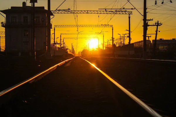 Railway Sunset Public Transport Transportation People Freight Travel Cities Countries — Stock Photo, Image