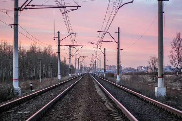 Ferrovia Tramonto Trasporto Pubblico Trasporto Persone Merci Viaggiare Città Paesi — Foto Stock