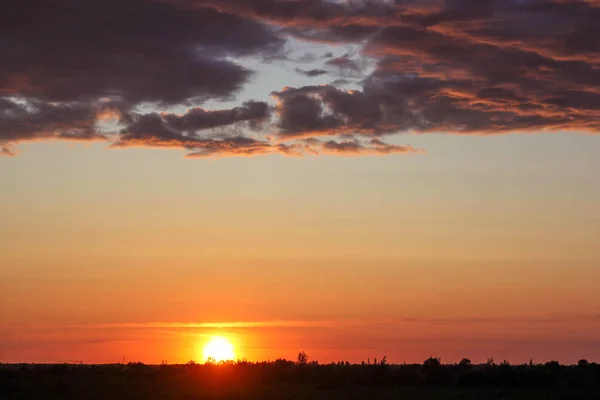 Landscape outside the city. Grassy field and blue sky. Sunset over the village field. Sunset outside the city in the field