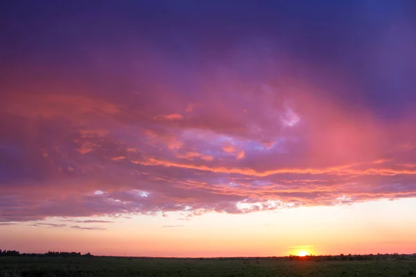 Landscape outside the city. Grassy field and blue sky. Sunset over the village field. Sunset outside the city in the field