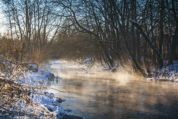 Winterliche Parklandschaft Mit Fluss Russische Landschaften Winterzeit Kalte Jahreszeit Schneebild — Stockfoto