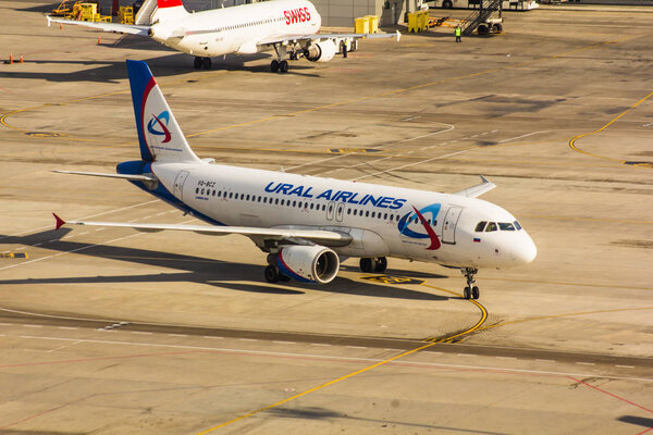 Russia, St. Petersburg, Pulkovo Airport, May 2018: The plane is at the airport on the platform 