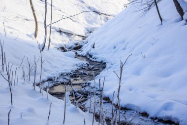 Gündüz vakti kar ve nehirle kaplı kış manzarası 