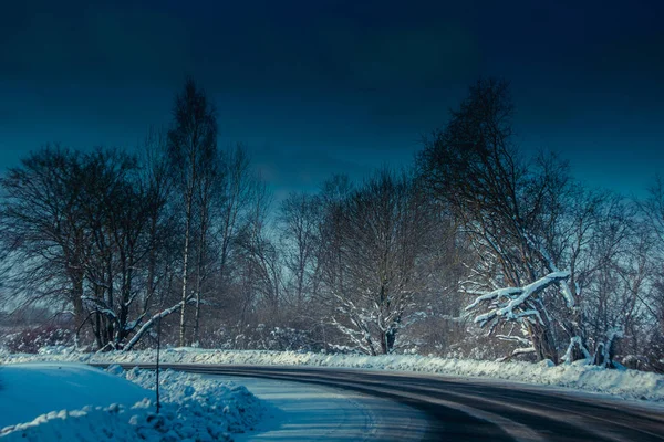 Zasněžené Zimní Silnici Cestování Autem — Stock fotografie