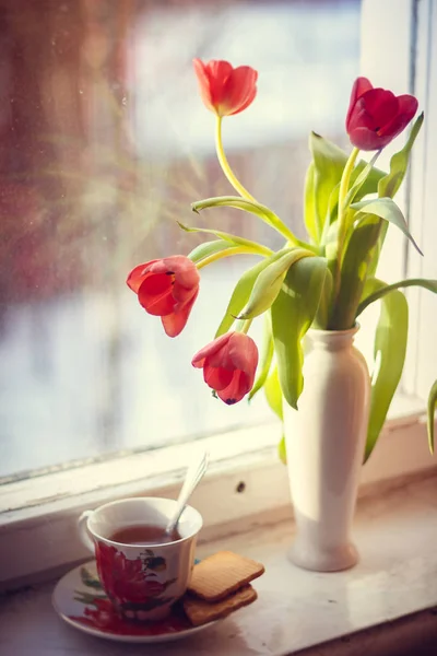 Тюльпаны Подоконнике — стоковое фото
