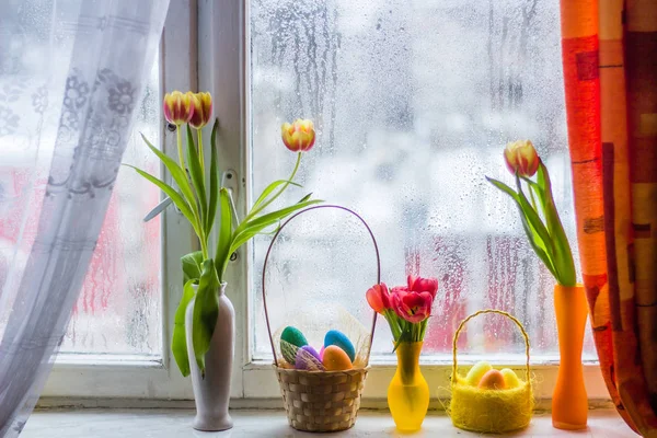 beautiful tulips and Easter eggs on window sill