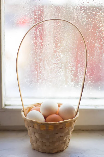 Happy Easter. Congratulations on Orthodox religious holiday. Easter eggs for painting in basket