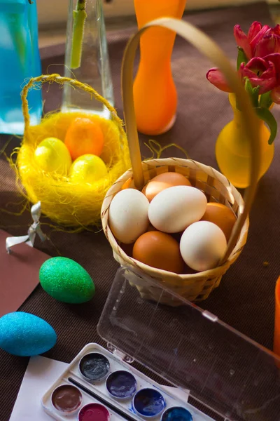 Happy Easter. Congratulations on Orthodox religious holiday. Easter eggs for painting in basket