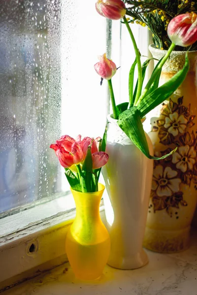 Beautiful Spring Tulips Vases Windowsill — Stock Photo, Image