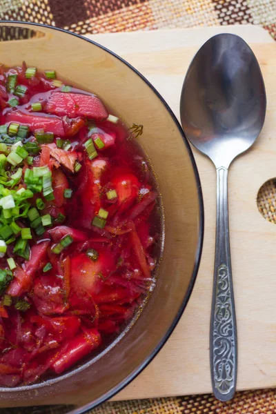 Bowl Borsch Wooden Board — Stock Photo, Image