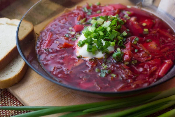 Bowl Borsch Wooden Board — Stock Photo, Image