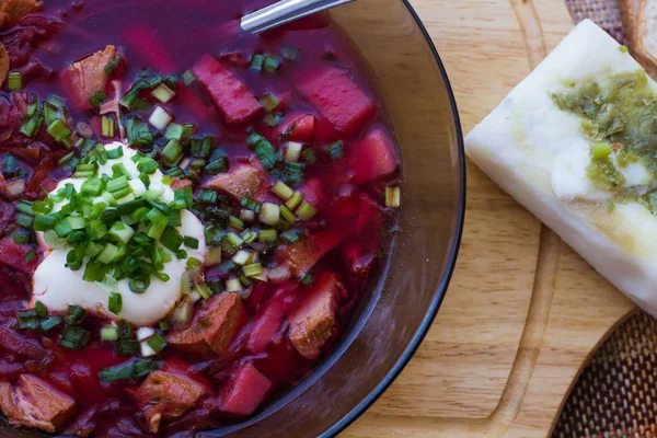 Bowl Borsch Sour Cream Onions — Stock Photo, Image