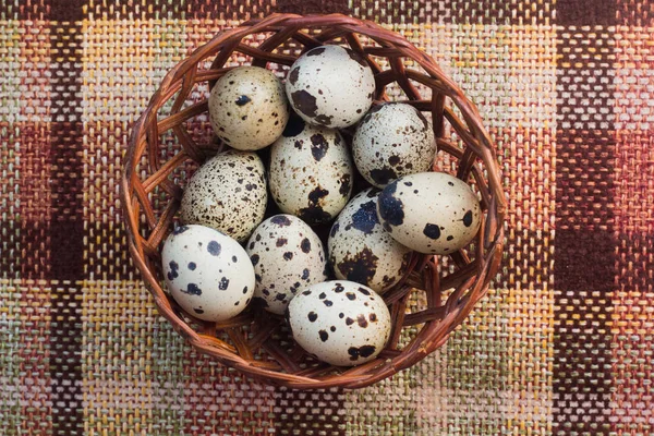 Tarjeta Felicitación Feliz Pascua Con Huevos Manchados Cesta Madera —  Fotos de Stock