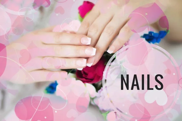 Advertising nail gel polish. Text Nails on the photo. Advertising banner nails. Female manicure. Beauty salon visit