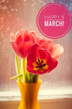 Kartpostal mutlu 8 Mart. Tatil için tebrik kartı. Dünya Kadınlar Günü. Kızlar için tatil. 8 Mart