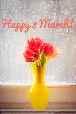 Kartpostal mutlu 8 Mart. Tatil için tebrik kartı. Dünya Kadınlar Günü. Kızlar için tatil. 8 Mart