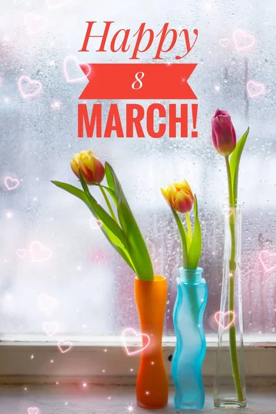 Képeslap Boldog Március Ünnep Üdvözlőkártya Nemzetközi Nőnap Alkalmából Ünnep Lányok — Stock Fotó