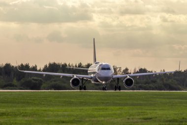 The plane goes on takeoff. Airbus A320-200. Pulkovo Airport. Official summer spotting at Pulkovo Airport on August 15, 2018. Russia, St. Petersburg clipart