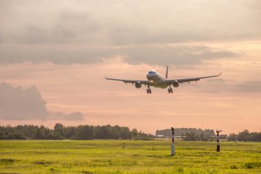 Uçak iniyor. Airbus A330-300. Pulkovo havalimanına 15 Ağustos 2018, Rusya, St. Petersburg lekelenme resmi yaz