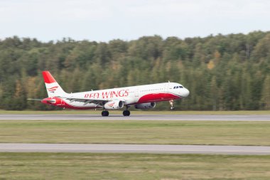 Havaalanında uçak. Havayolu kırmızı kanatlar. Pulkovo havalimanına 15 Ağustos 2018, Rusya, St. Petersburg lekelenme resmi yaz