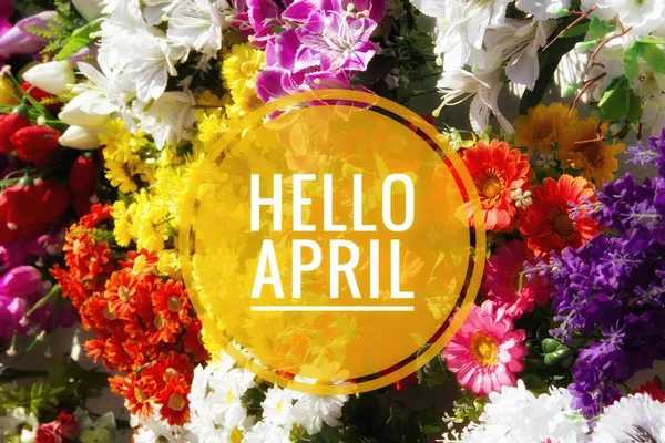 Banner, ciao aprile. Ciao primavera. Ciao April. Biglietto di benvenuto Stiamo aspettando il nuovo mese primaverile. Il secondo mese di primavera . — Foto Stock