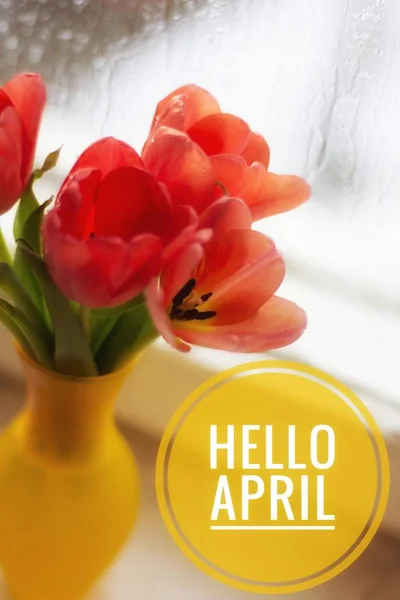 Banner hallo April. Hallo Frühling. Hallo April. Willkommenskarte warten wir auf den neuen Frühlingsmonat. der zweite Monat des Frühlings. — Stockfoto