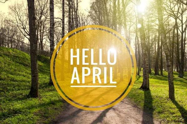 バナーこんにちは 4 月。こんにちは春します。こんにちは 4 月。ようこそカード新しい春月を待っています。春の 2 番目の月. — ストック写真
