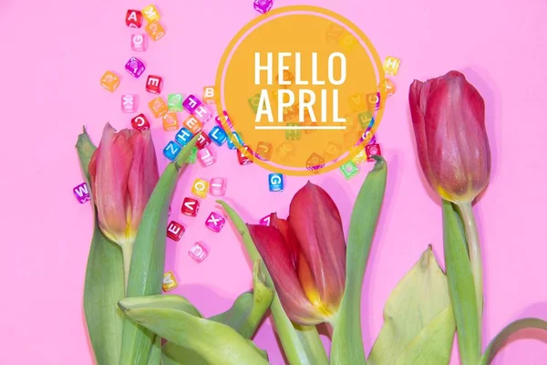 Banner, olá, April. Olá Primavera. O segundo mês da primavera. Cartão de boas vindas — Fotografia de Stock