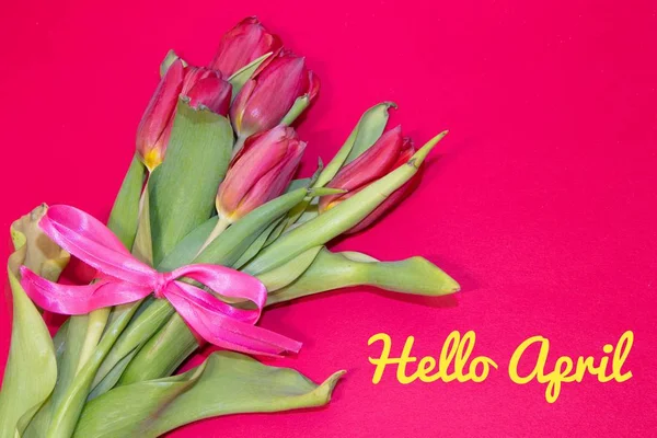 Banner, olá, April. Olá Primavera. O segundo mês da primavera. Cartão de boas vindas — Fotografia de Stock