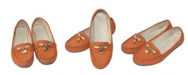 Beyaz arka plan üzerinde izole turuncu loafer'lar. Kadın ayakkabısı. Yaz Ayakkabı.