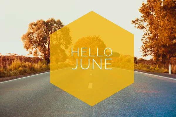 Banner hello june. Text on the photo. Text hello June. New month. New season. Summer month. Text on sunset photo.