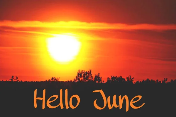 Banner Hello juni. Text på fotot. Text Hello juni. Ny månad. Ny säsong. Sommar månad. Text på Sunset Photo. — Stockfoto