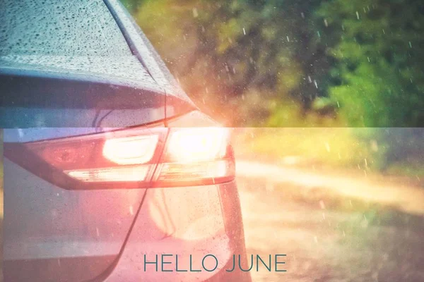 Banner hello june. Text on the photo. Text hello June. New month. New season. Summer month. — Stock Photo, Image