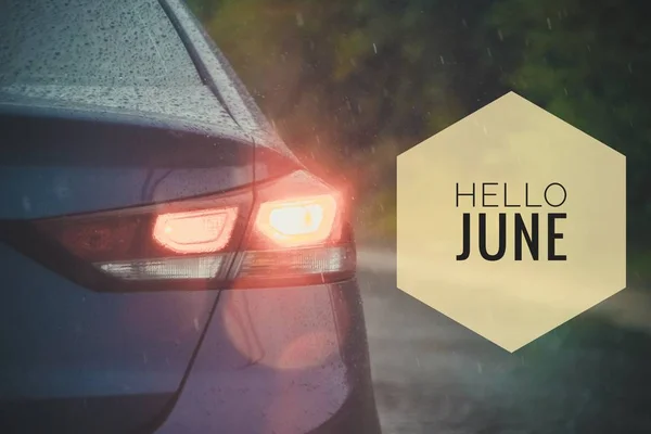 Banner hello june. Text on the photo. Text hello June. New month. New season. Summer month.